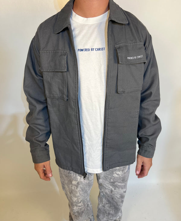Man in grey ’powered by faith’ tailored cactus cargo jacket