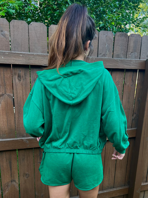 irl in tailored cactus green matching sweat shorts and jacket with pink flowers