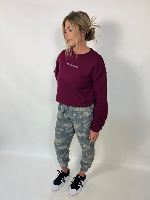 Tailored cactus girl in maroon crewneck