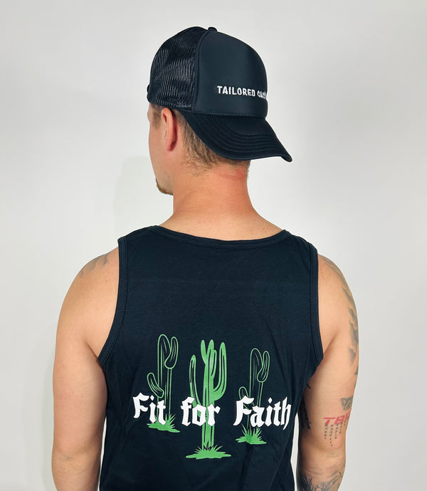 Man in black tailored cactus trucker hat 