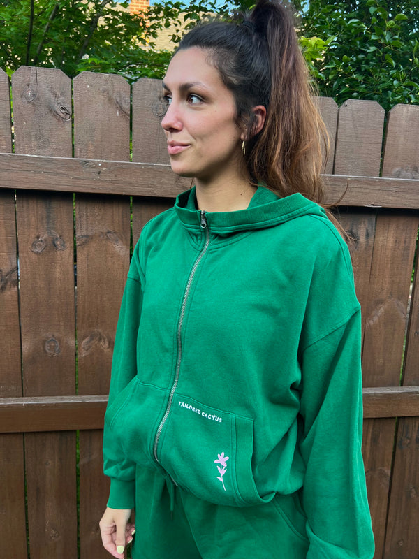 irl in tailored cactus green matching sweat shorts and jacket with pink flowers