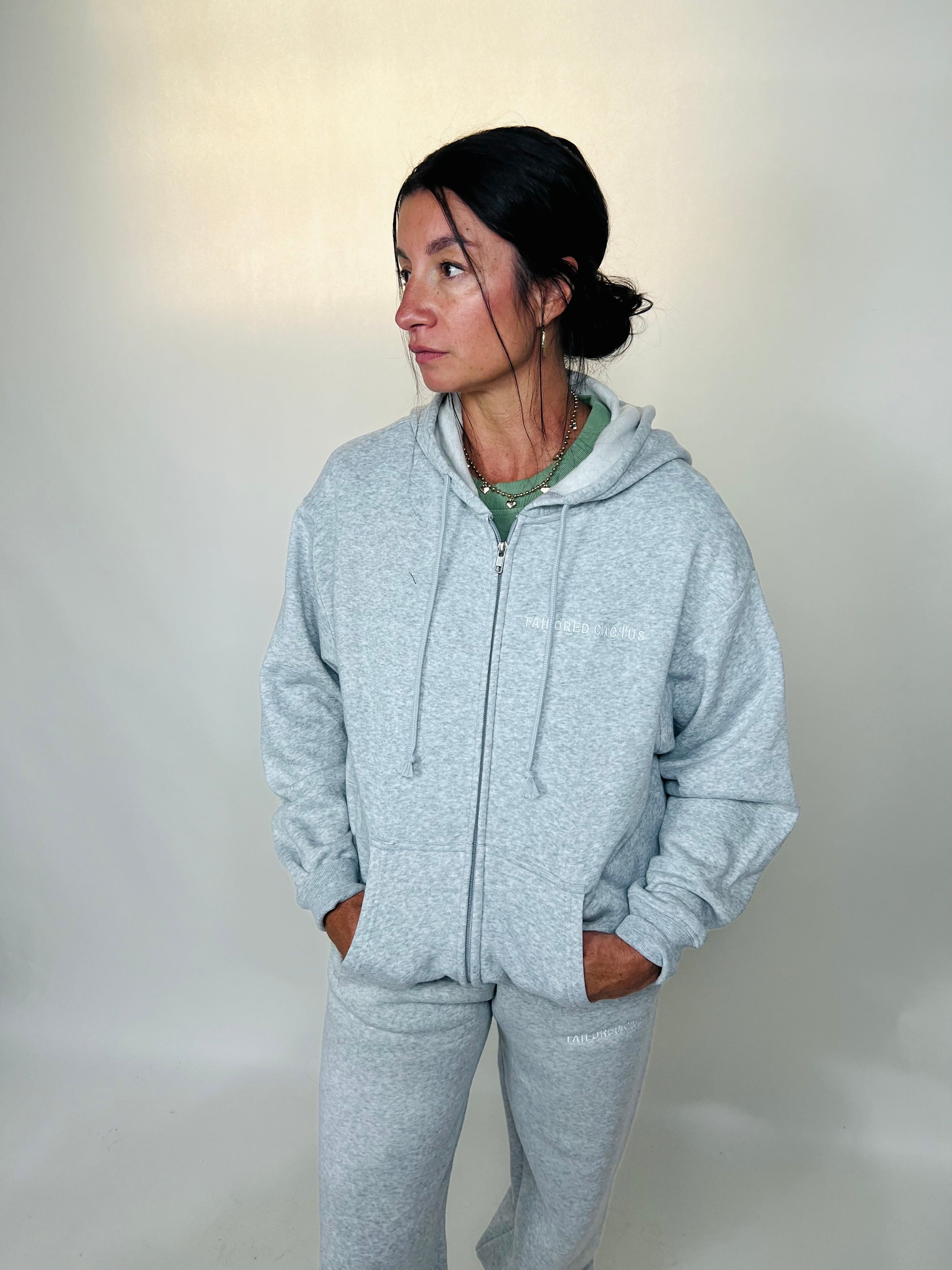 Tailored cactus girl in Grey zip up hoodie and matching sweat pants 