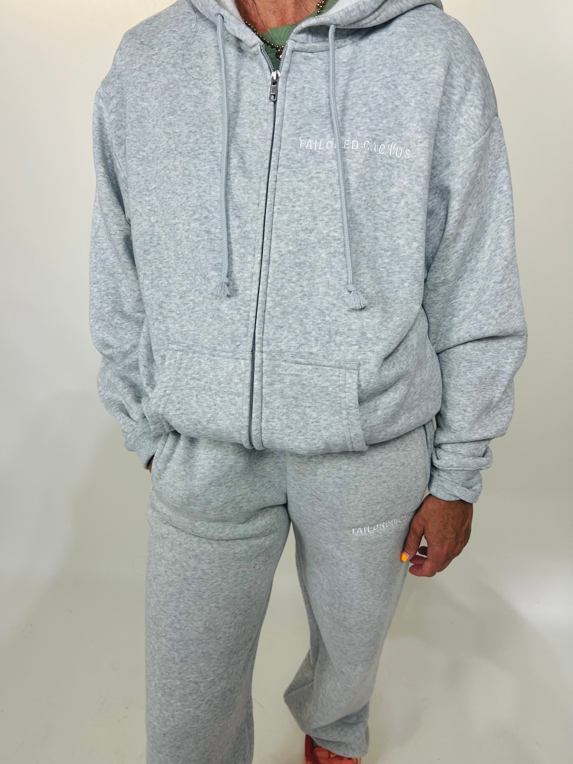 Tailored cactus girl in Grey zip up hoodie and matching sweat pants 