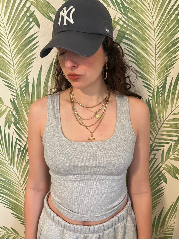 Tailored cactus girl in grey tank top and matching sweatpants 