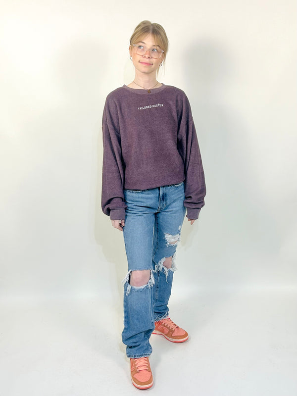 Girl in tailored cactus purple crewneck