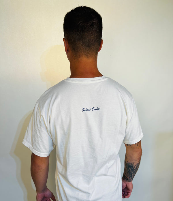 Man in tailored cactus powered by faith white t shirt