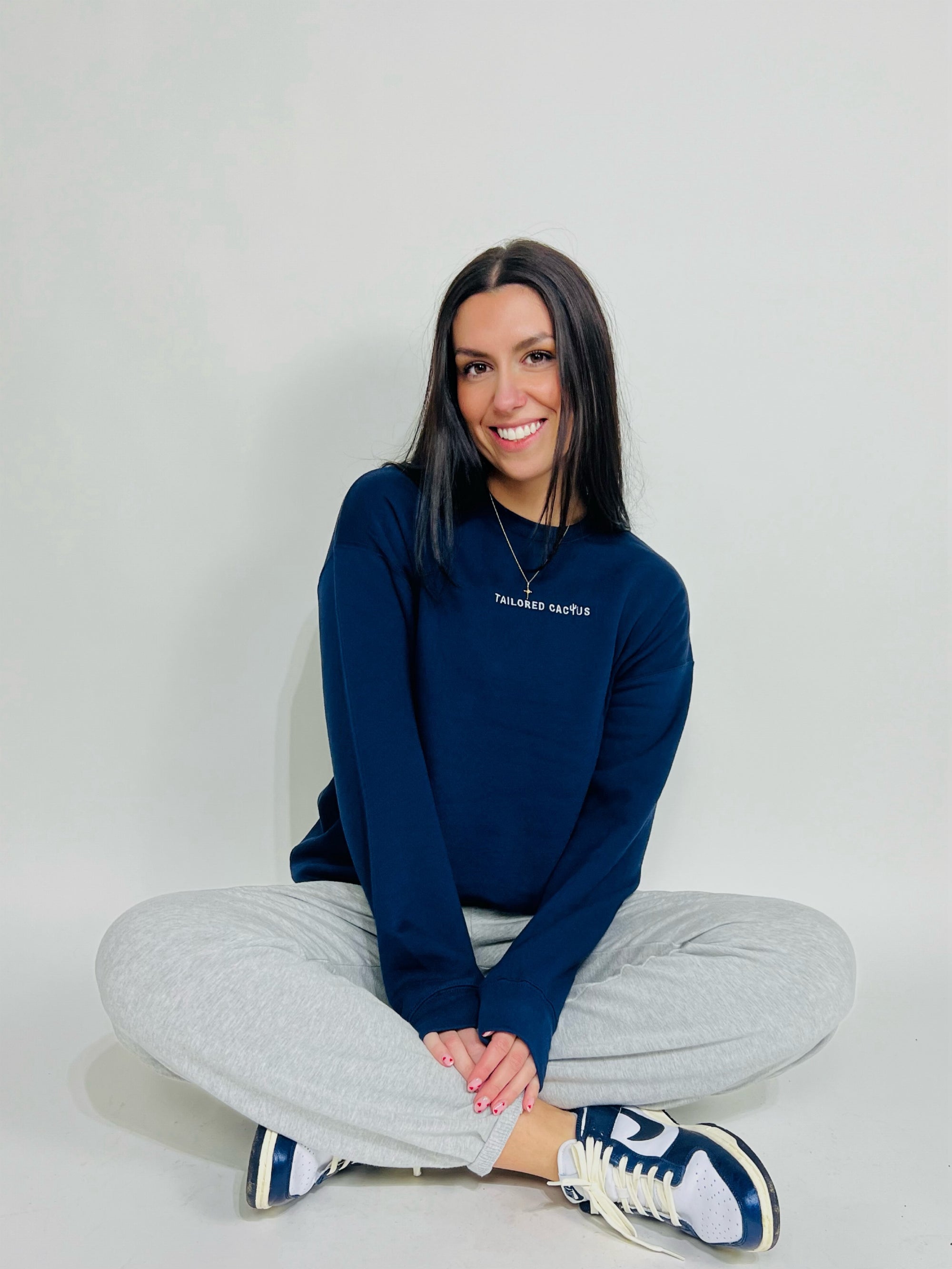 Tailored Cactus girl in navy blue crewneck hoodie