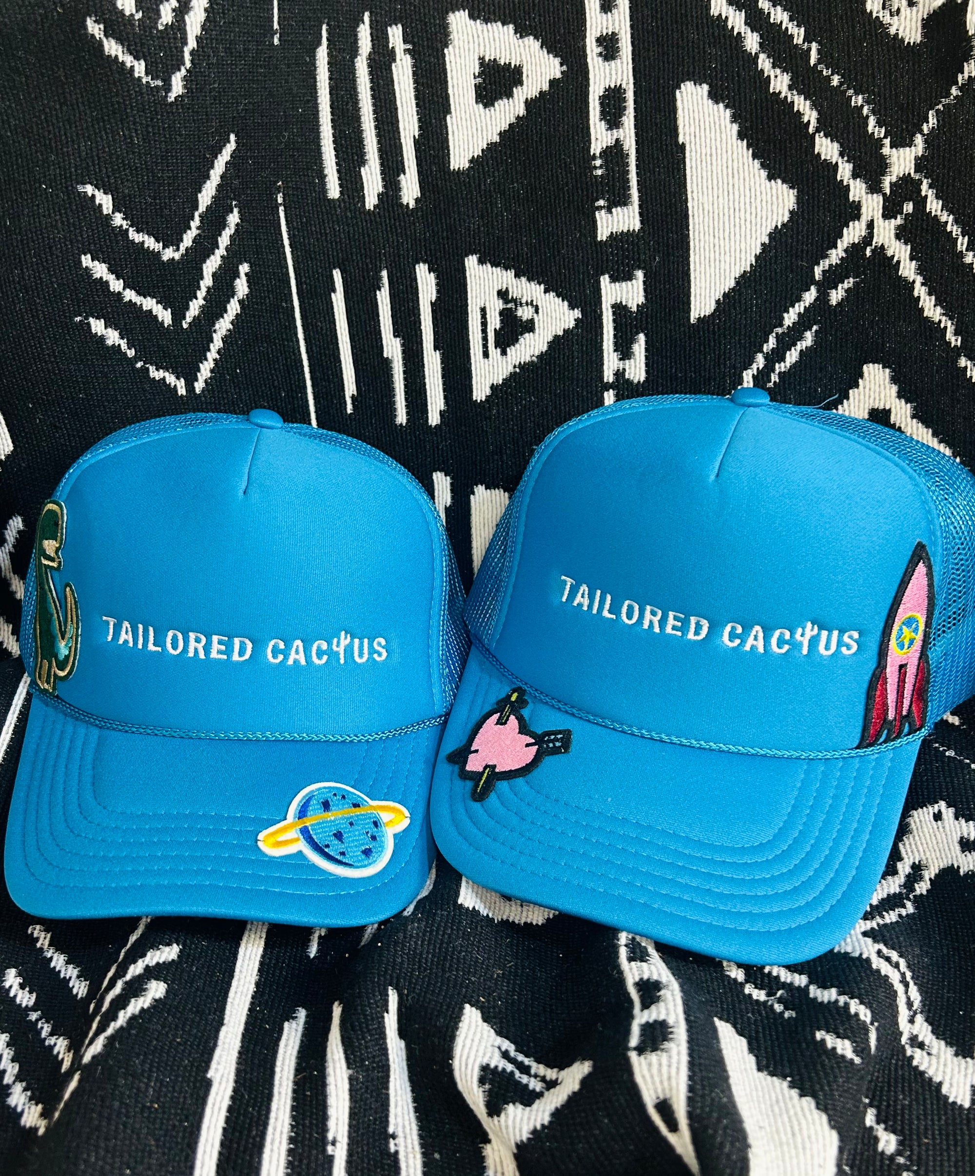 tailored cactus trucker hats in blue with patches 