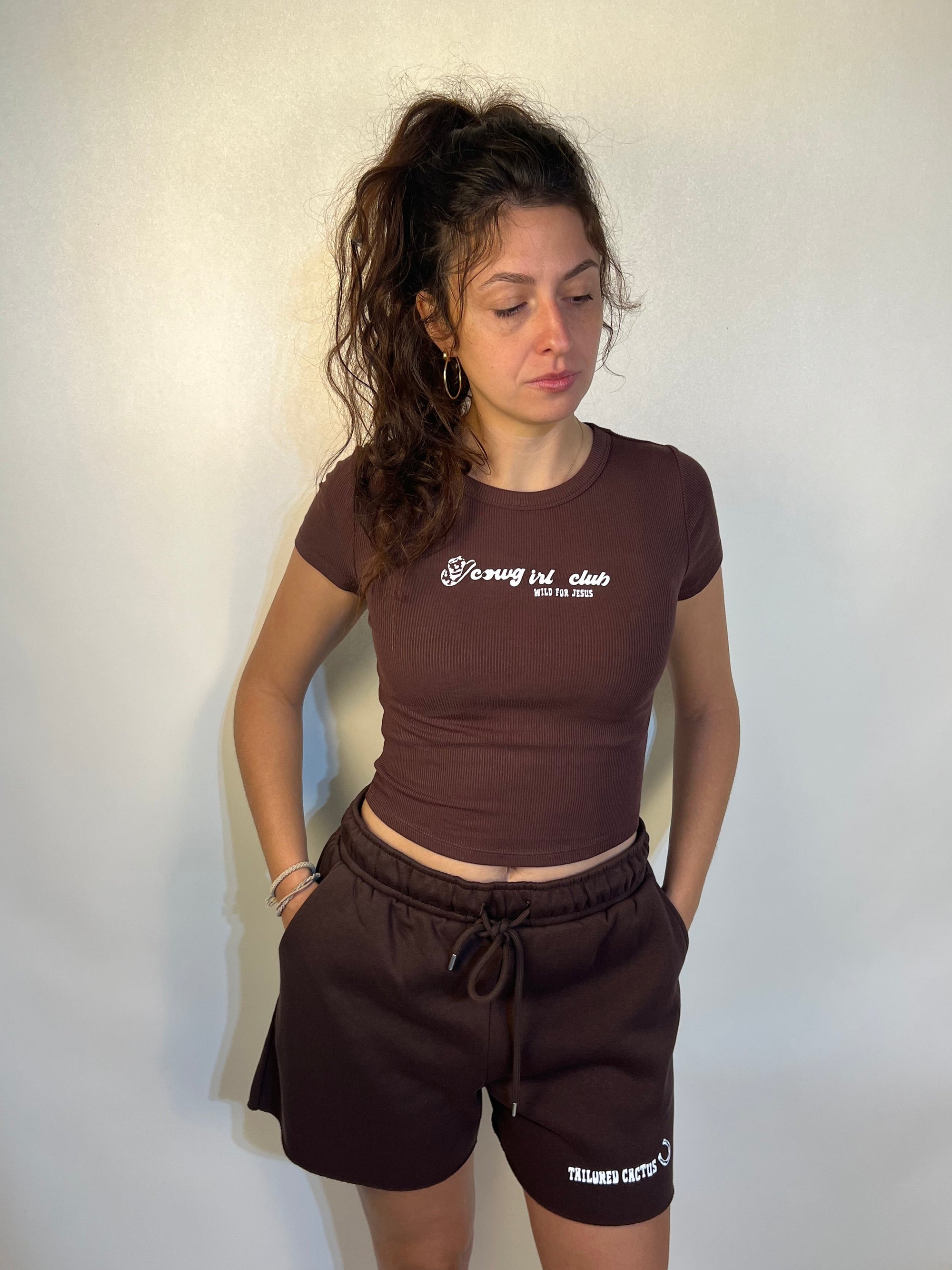 Girl on brown tailored cactus ‘cowgirls club sold for Jesus’ t shirt 