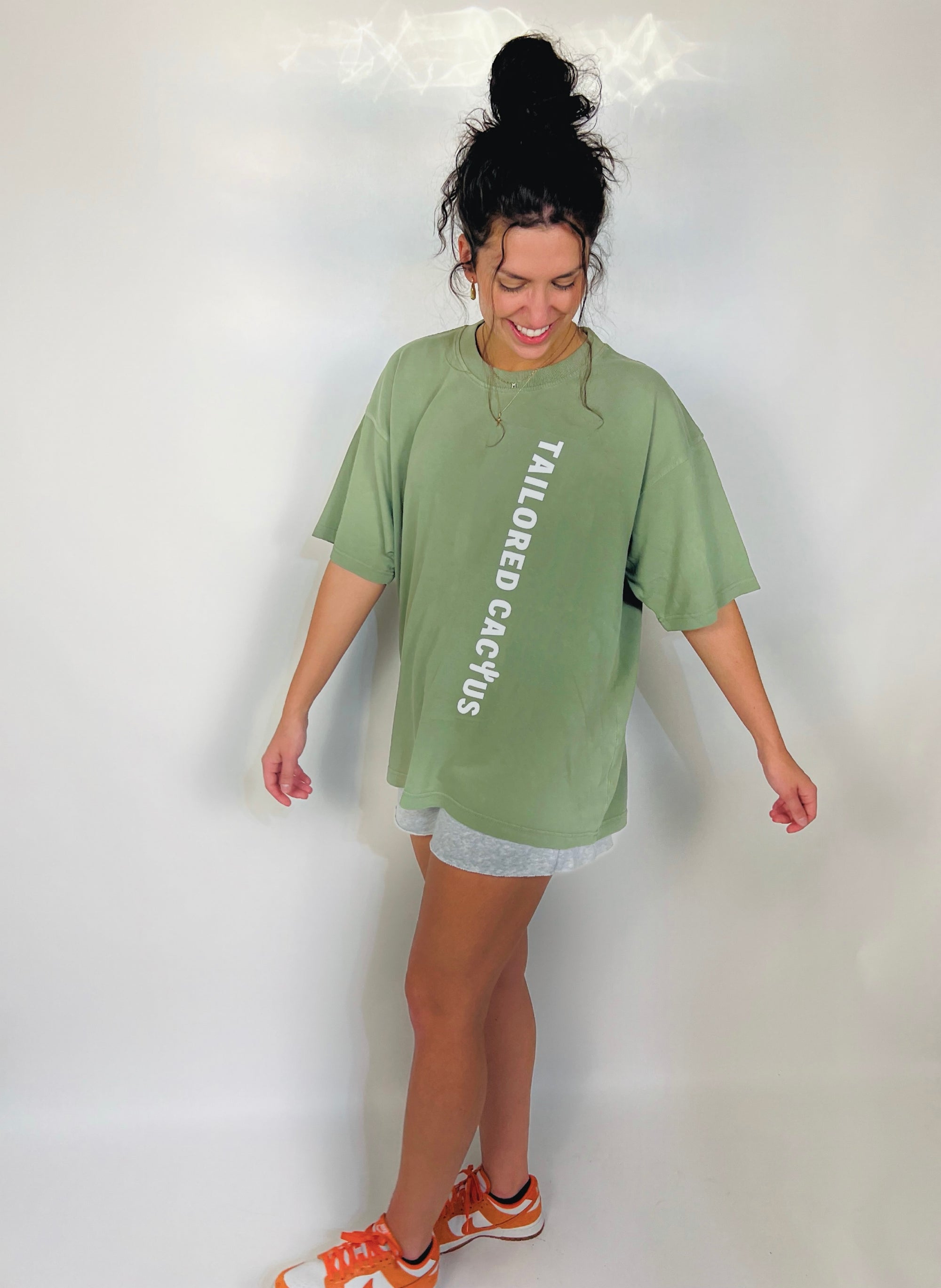 Tailored cactus girl in sage green street style t shirt 