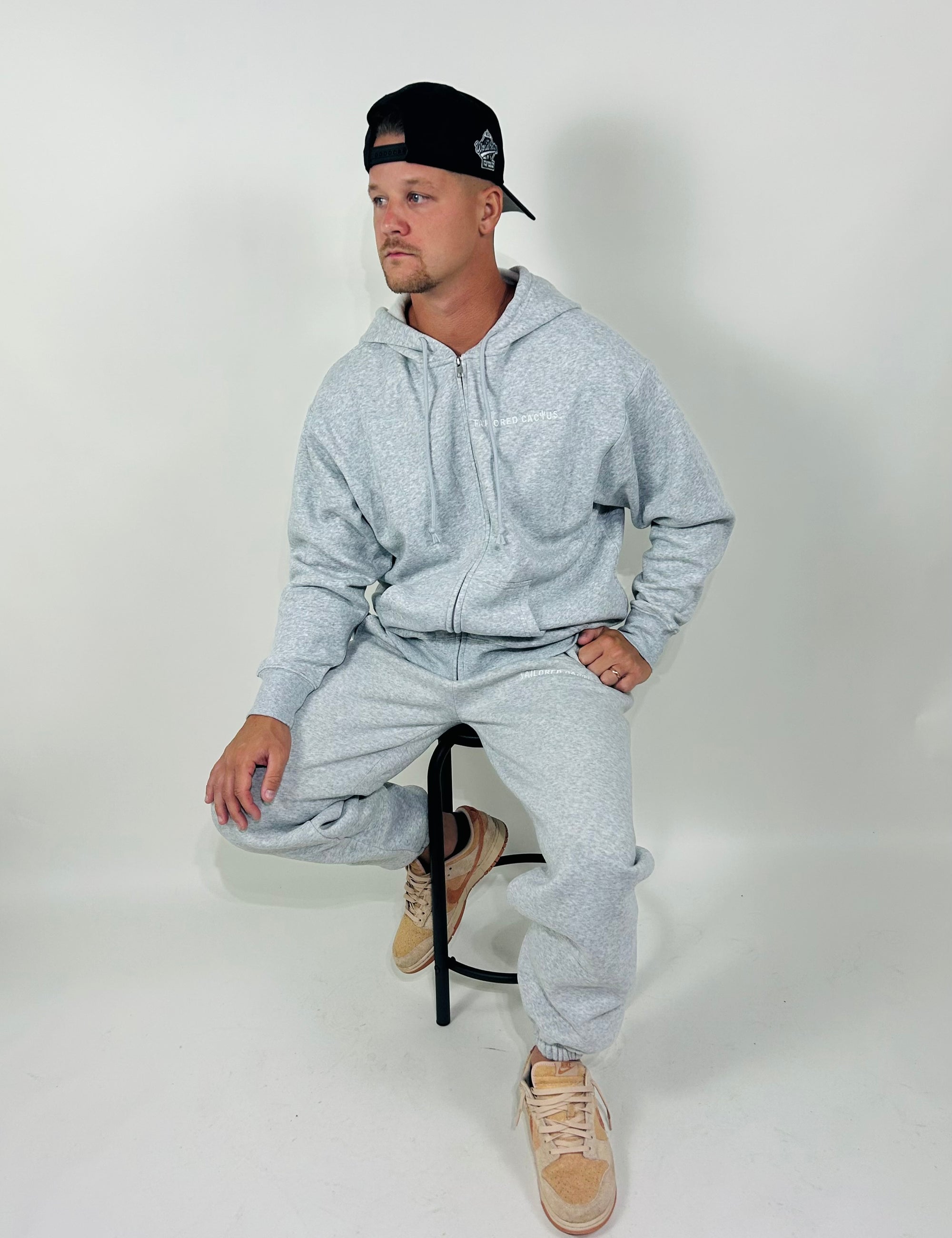 Tailored cactus man in Grey zip up hoodie and matching sweat pants 