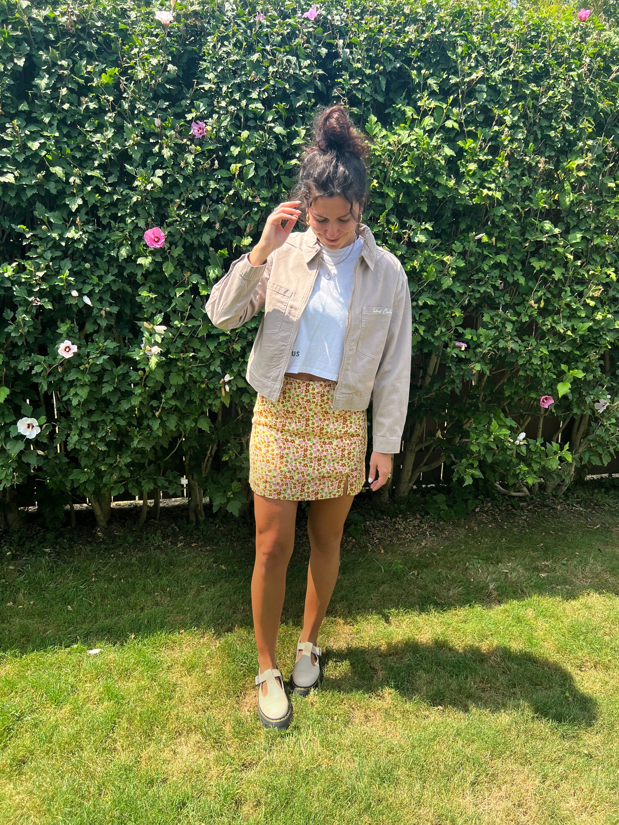 Girl in pink tailored cactus cargo jacket 