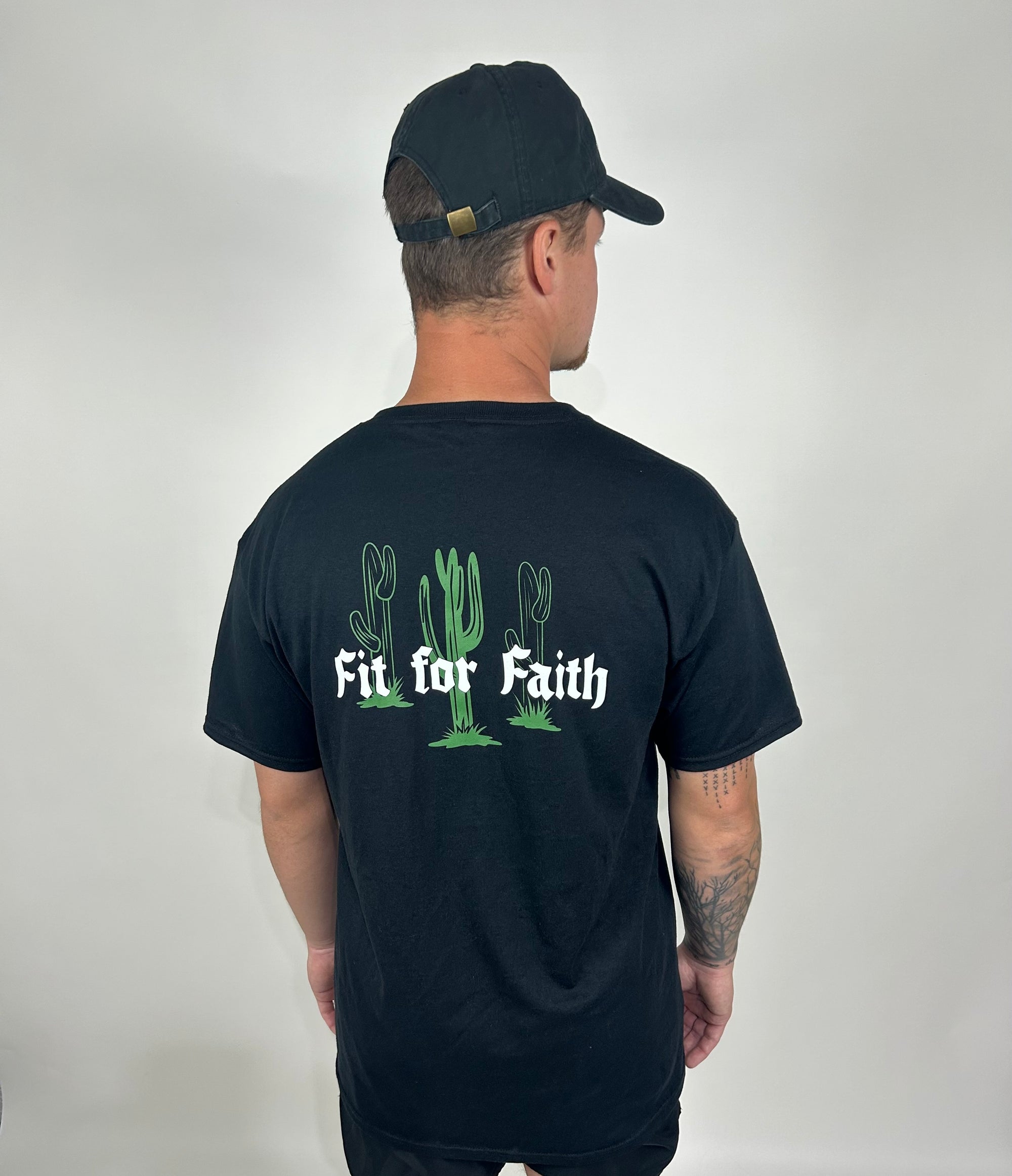 Tailored cactus man in black tshirt with fit for faith cactus design 