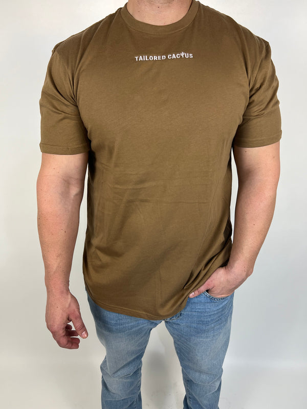 Front of tailored cactus tan t-shirt 