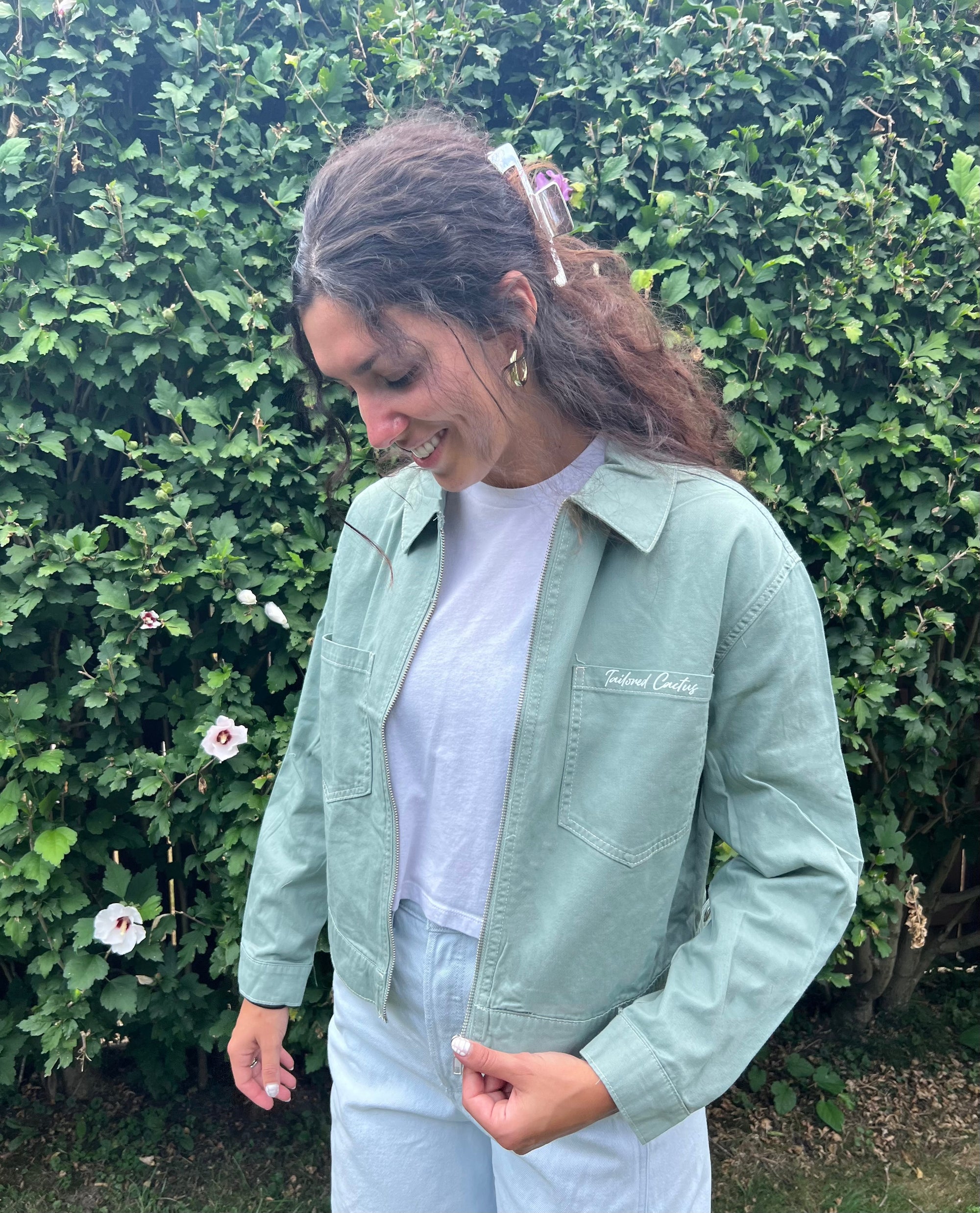 Tailored cactus girl in green cargo jacket 