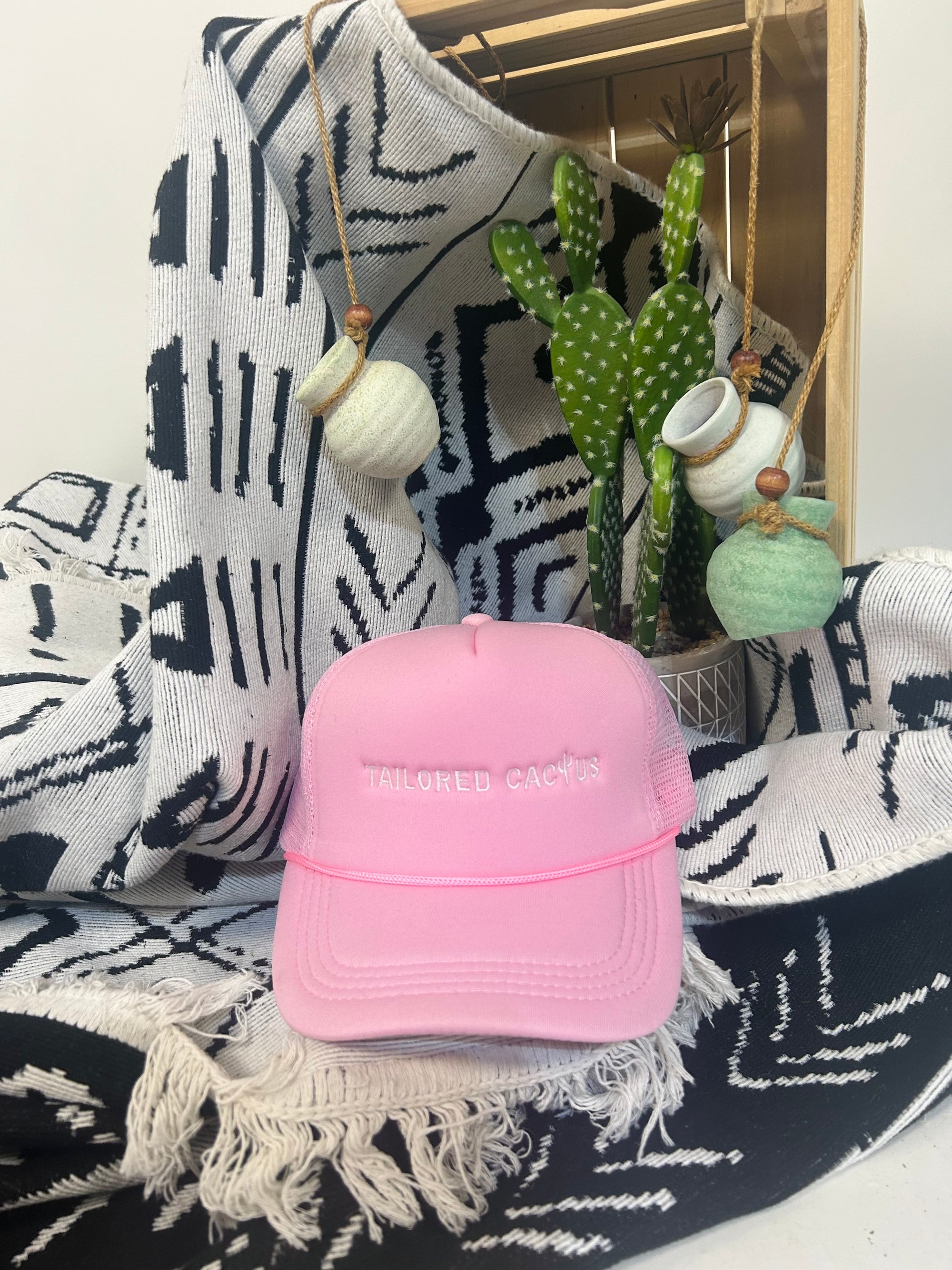 Pink tailored cactus trucker hat 