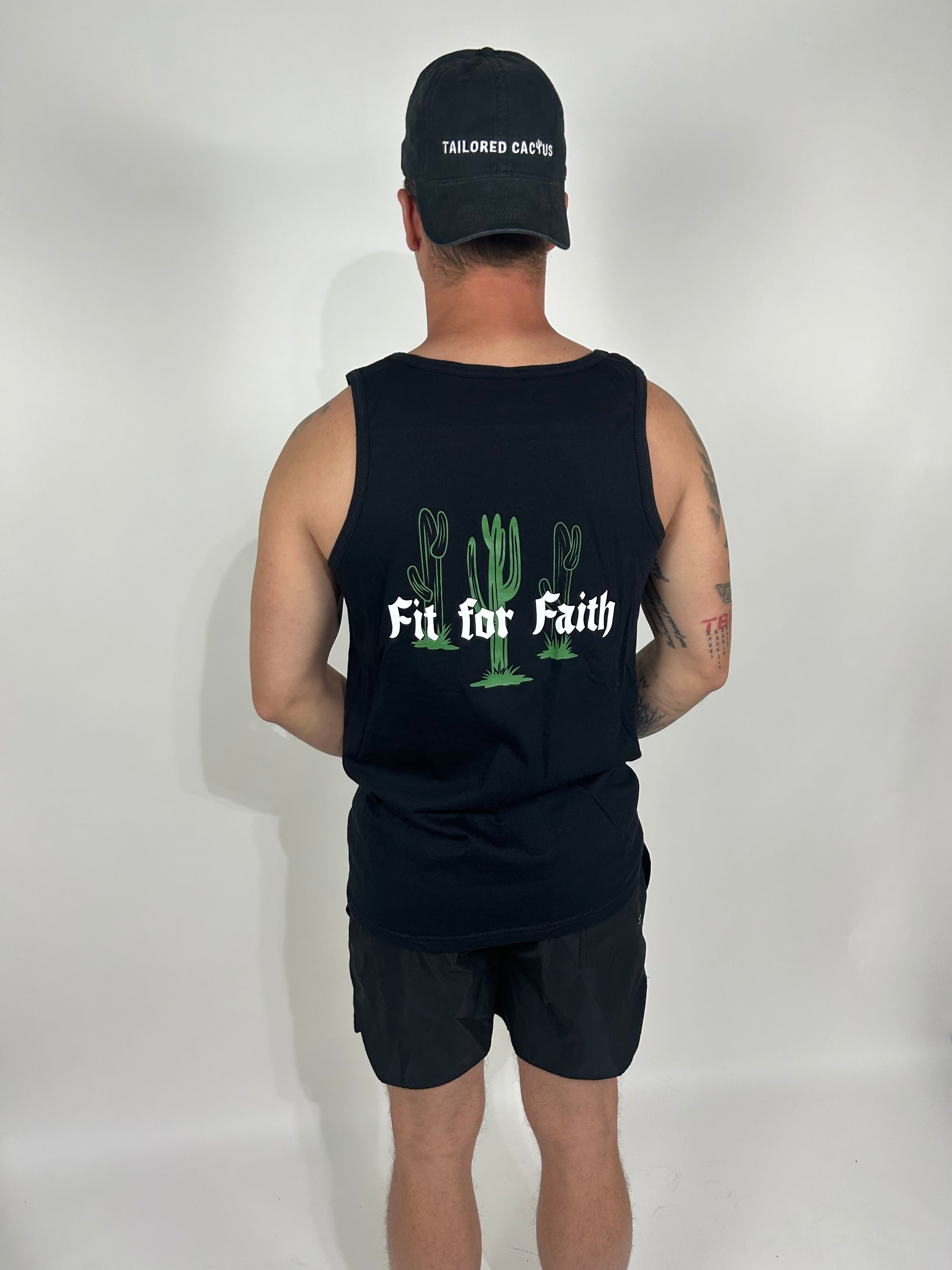 Tailored cactus black tank top with fit for faith and cactus on back 