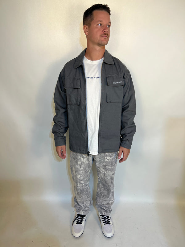 Man in grey ’powered by faith’ tailored cactus cargo jacket 