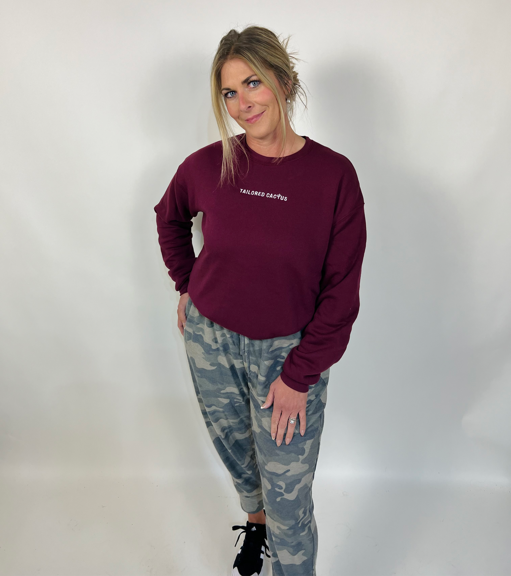 Tailored cactus girl in maroon crewneck