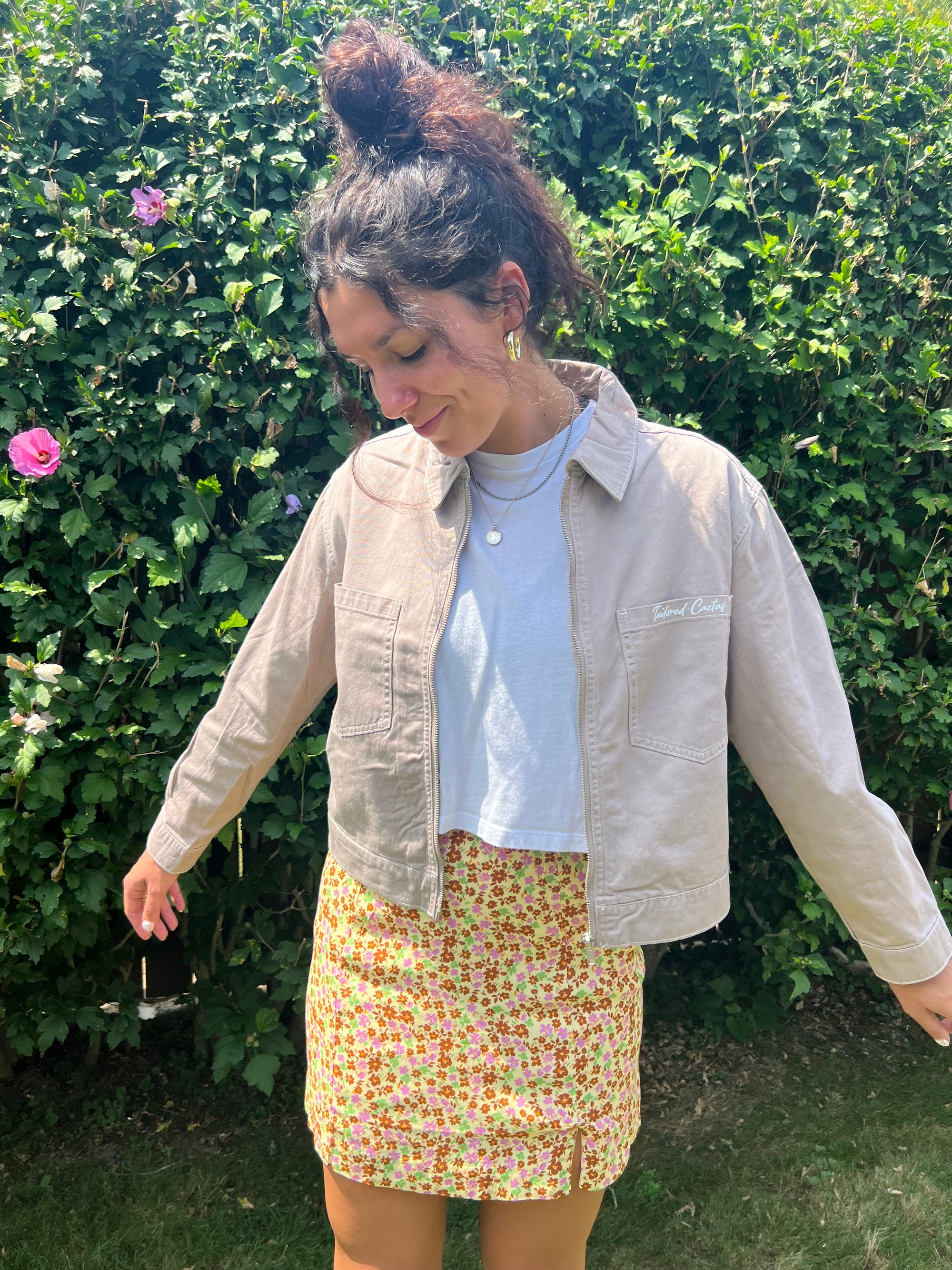Girl in pink tailored cactus cargo jacket