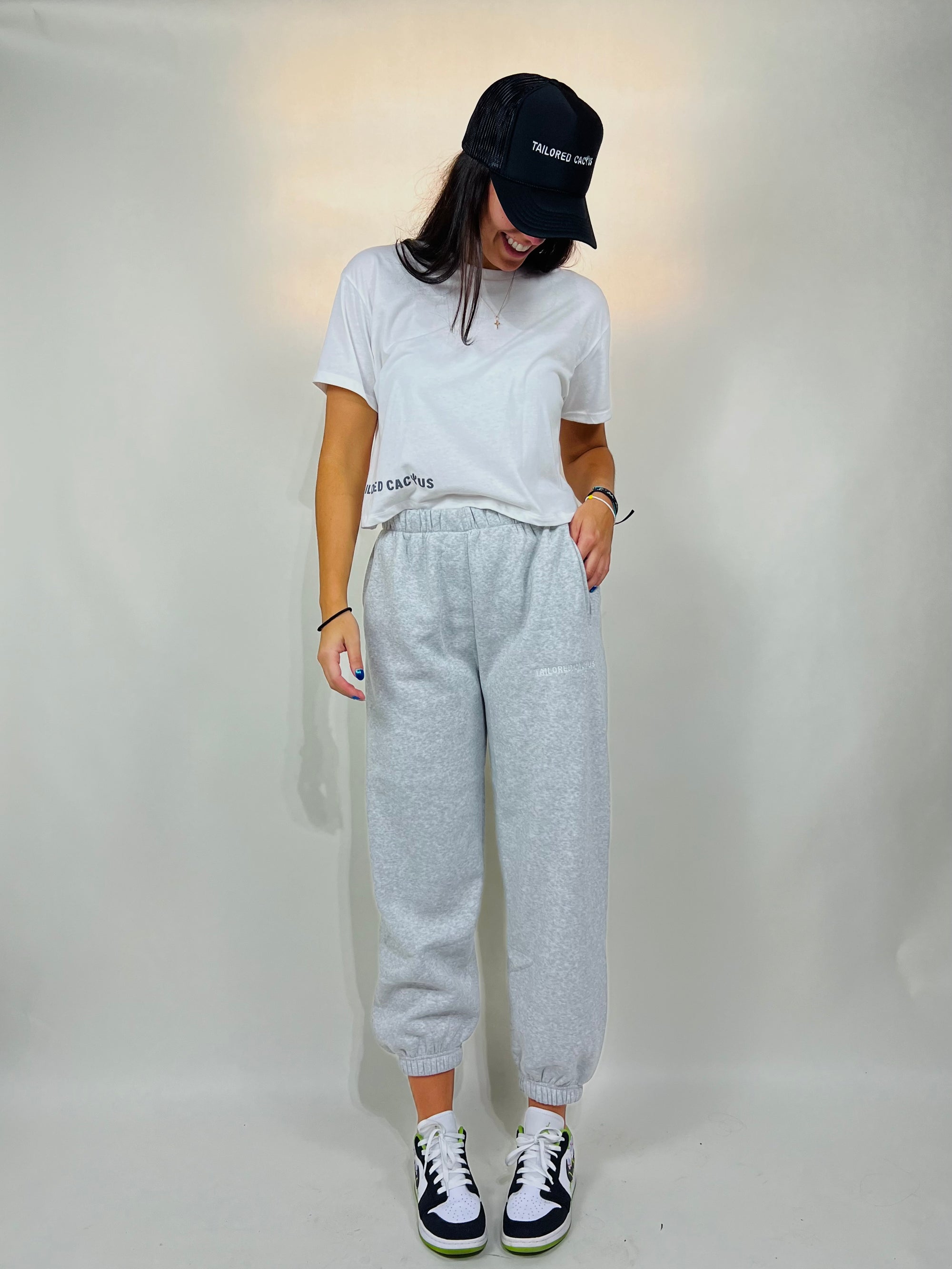 Tailored cactus Grey sweat pants and cropped white t shirt 