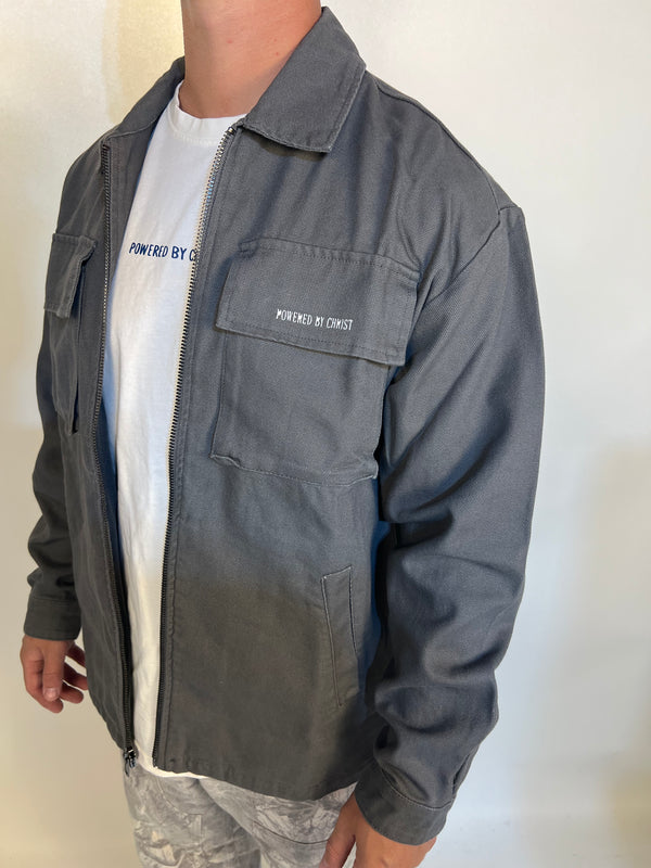 Man in grey ’powered by faith’ tailored cactus cargo jacket