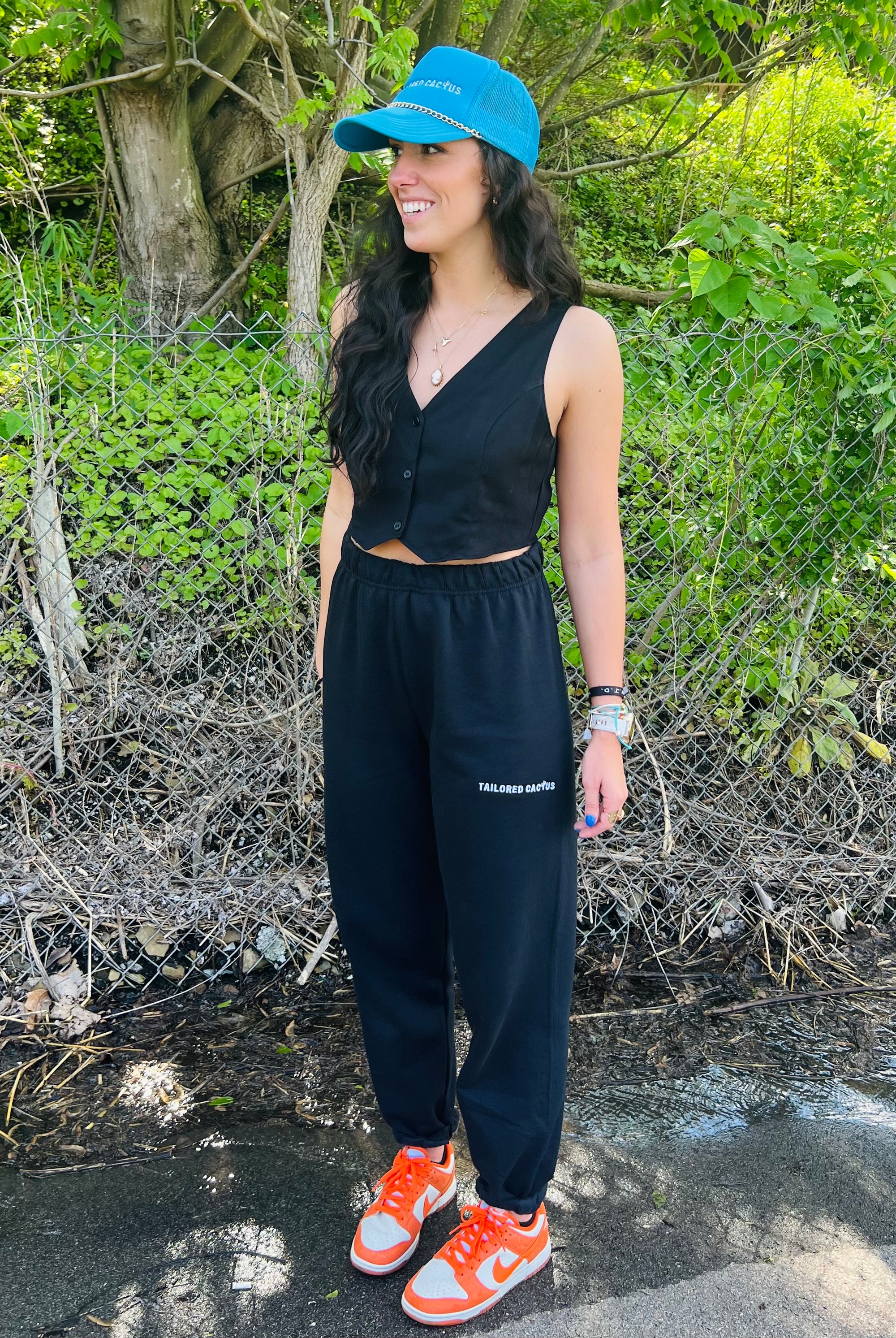 Tailored cactus girl on black sweatpants 