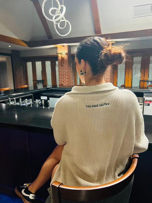 Tailored cactus girl in tan zip up sweater 