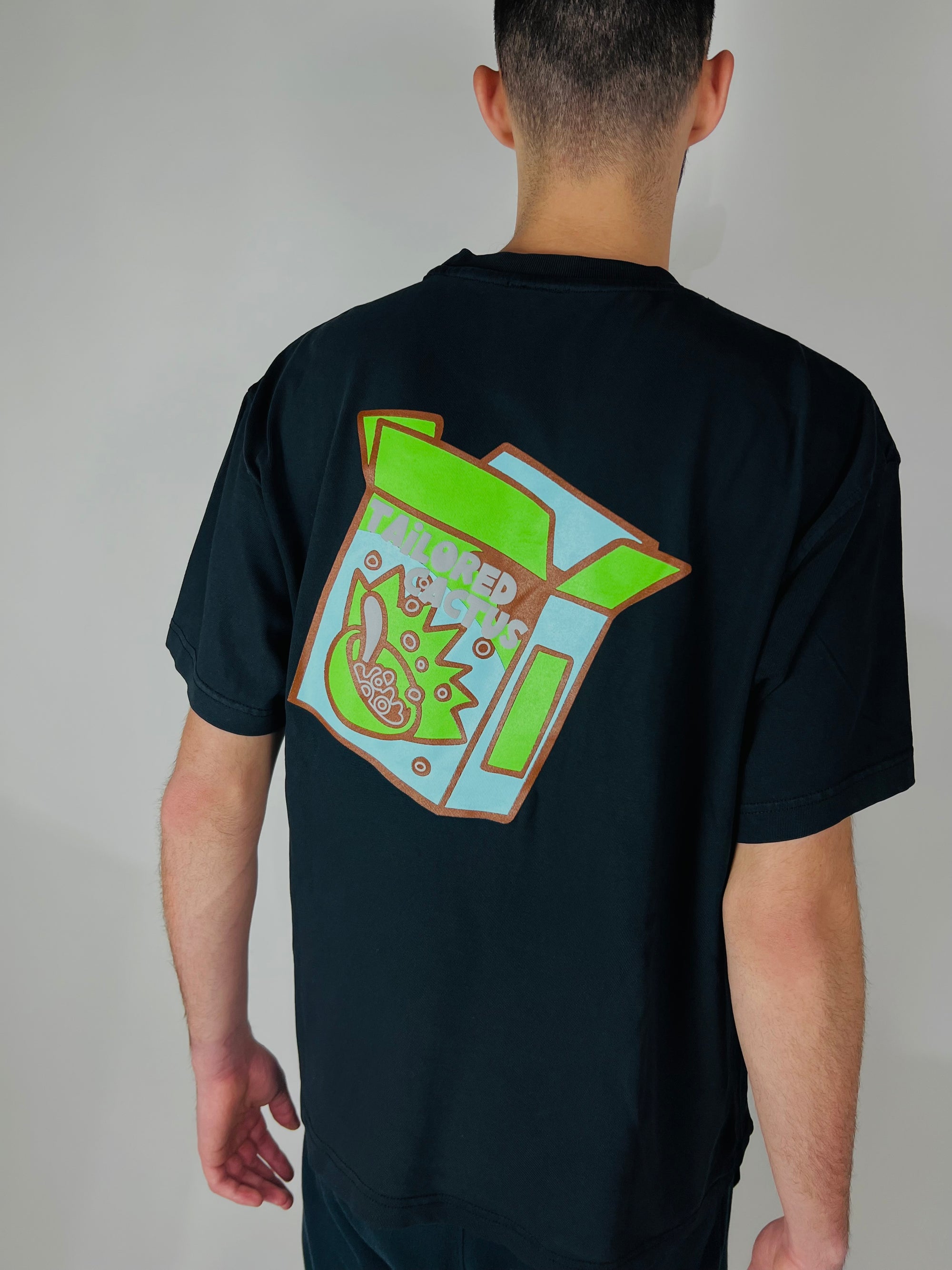 Tailored Cactus Man in black cereal box t shirt 