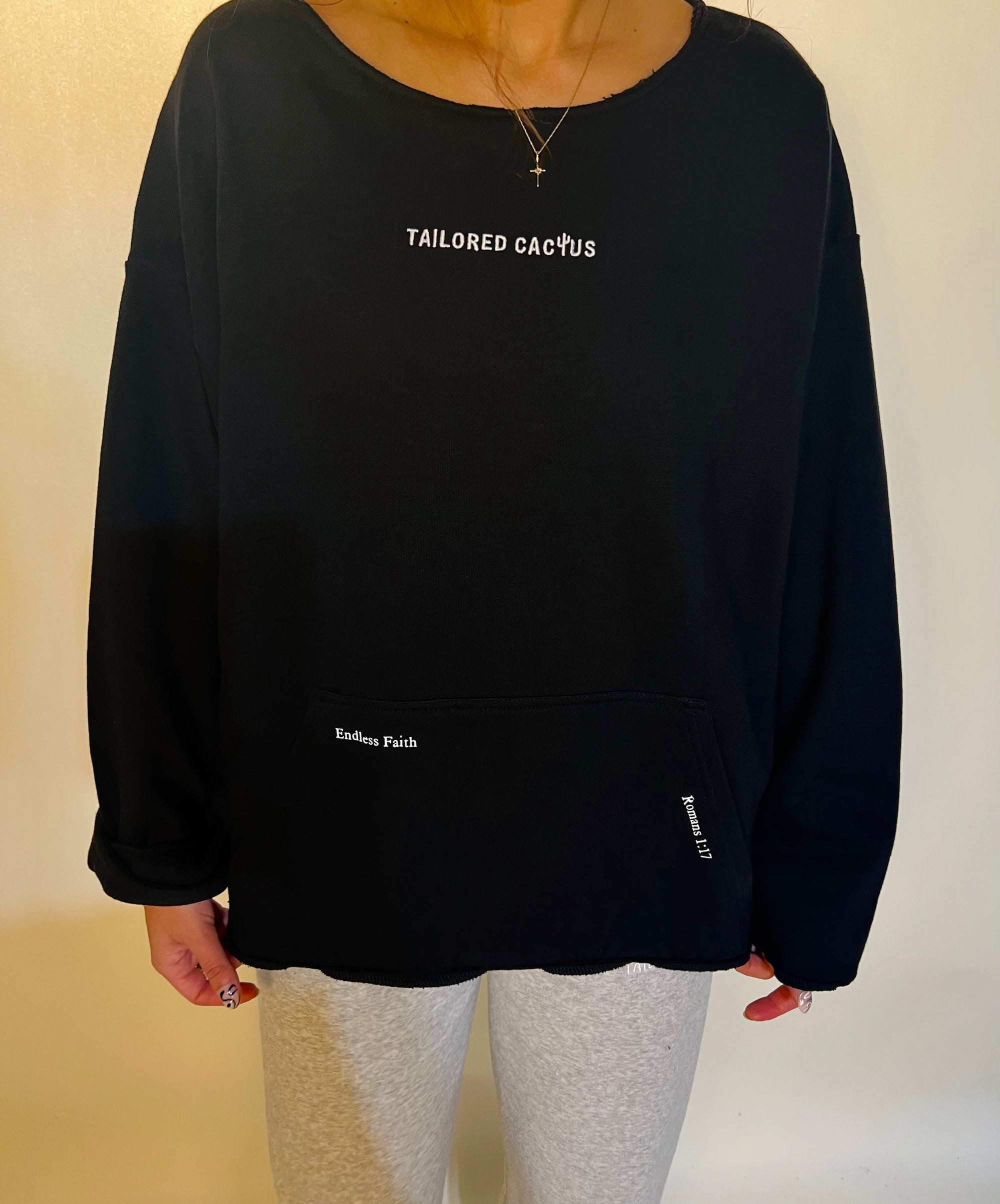 Black tailored cactus crewneck ‘endless faith’ ‘Romans 1:17’