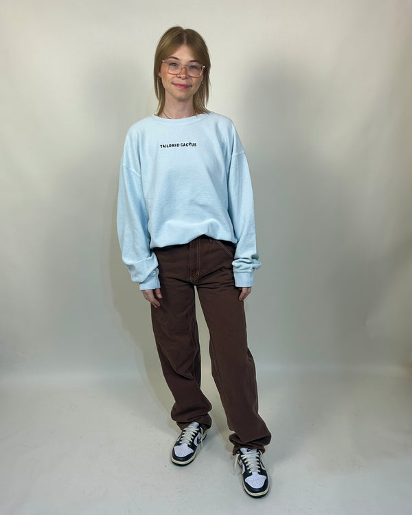 Tailored cactus model in ribbed blue crewneck 