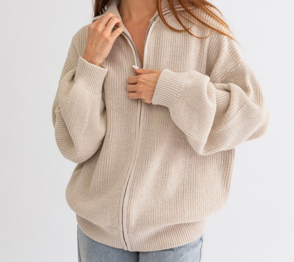 Tailored cactus girl in tan zip up sweater