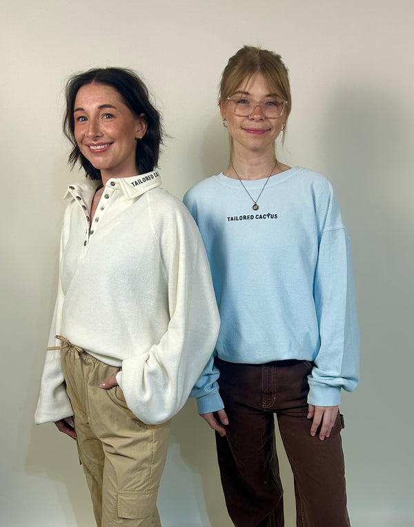 Tailored cactus models in blue and white crewnecks 