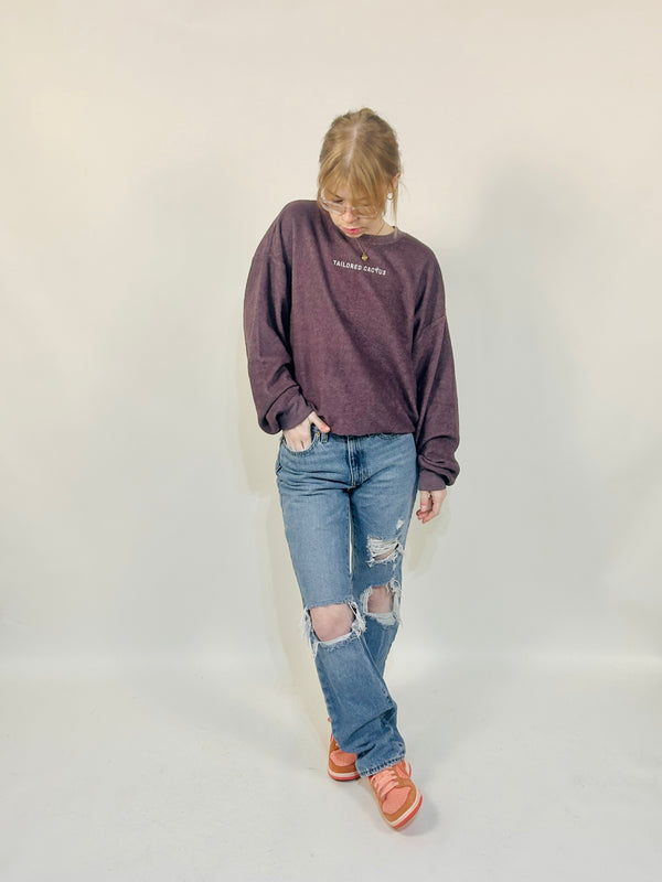 Girl in tailored cactus purple crewneck 