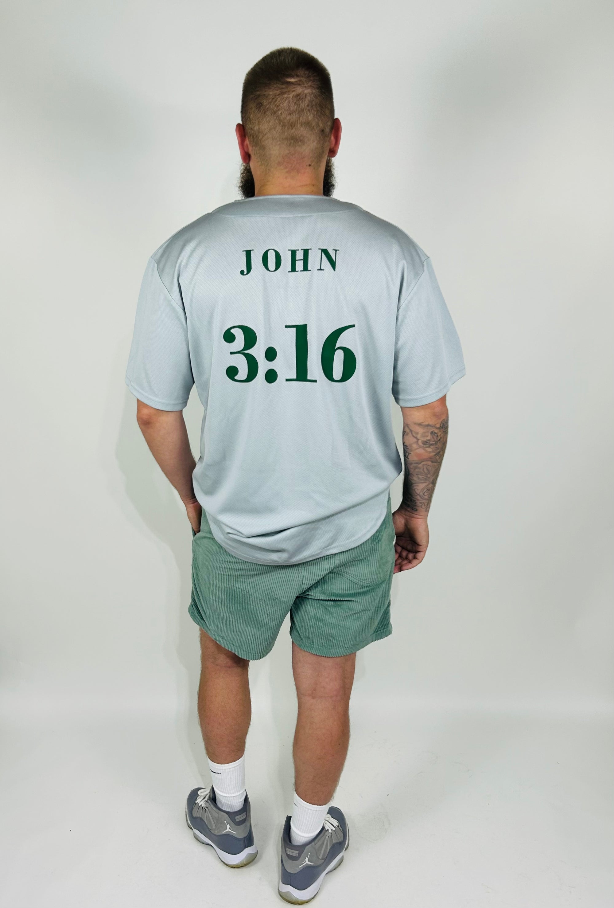 Back of tailored cactus baseball jersey with John 3:16 on back