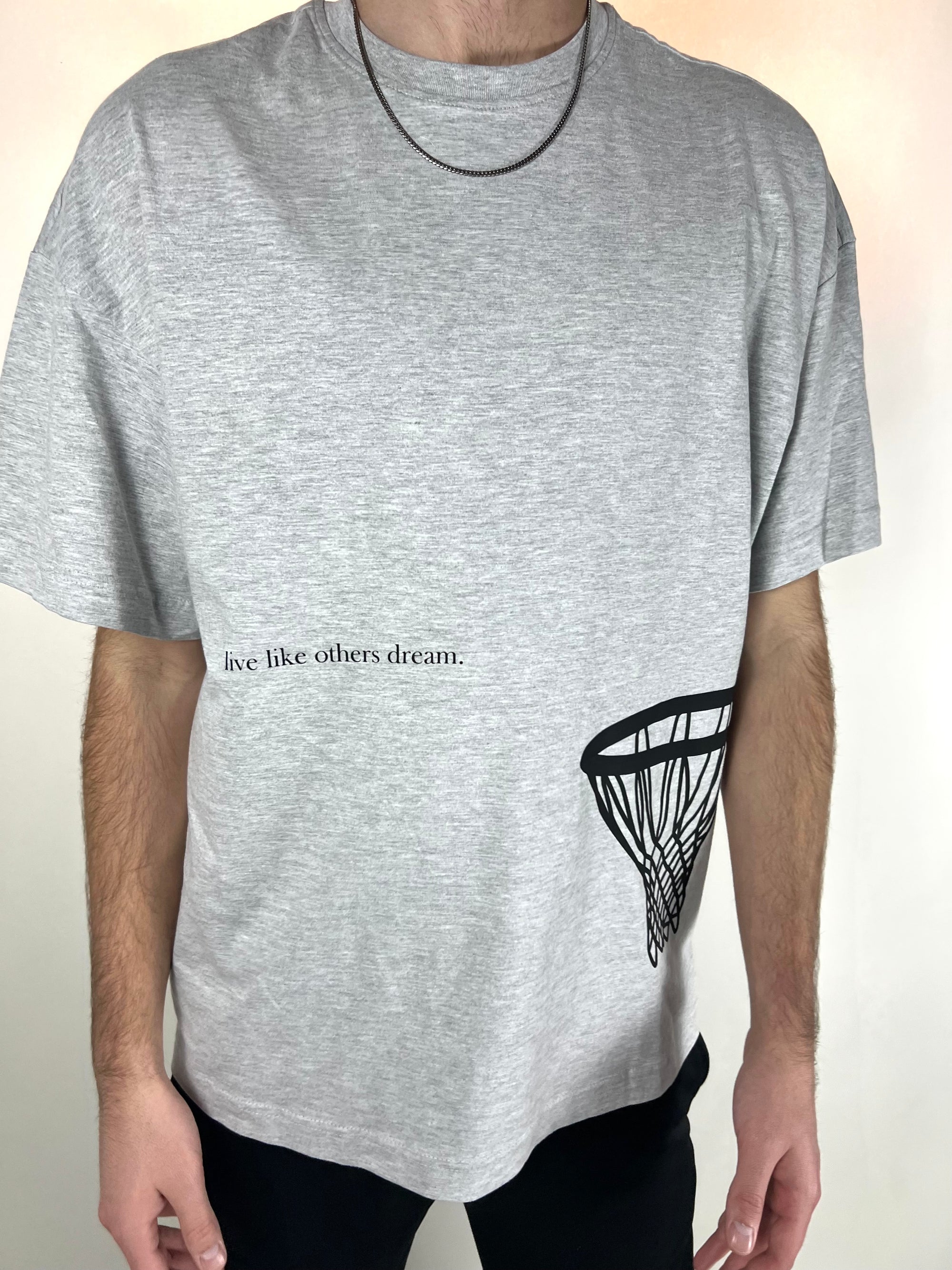 Tailored cactus man in grey tee shirt with live like other dream and basketball hoop