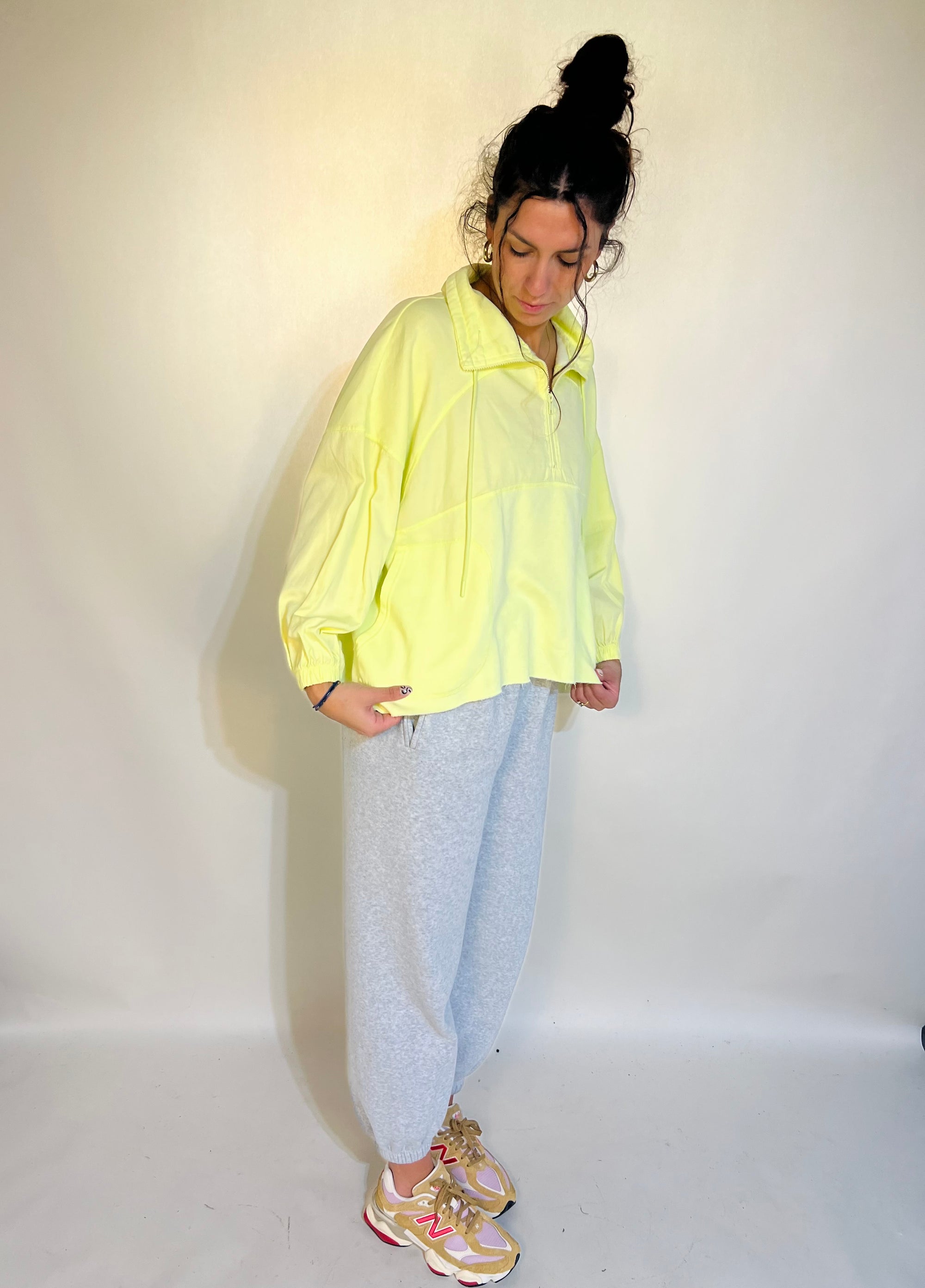 Tailored cactus girl on neon yellow half zip up jacket 
