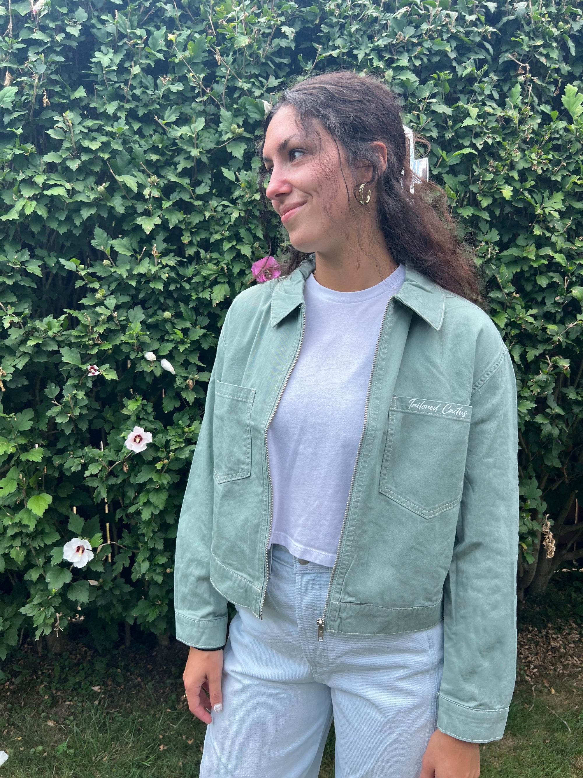 Tailored cactus girl in green cargo jacket 