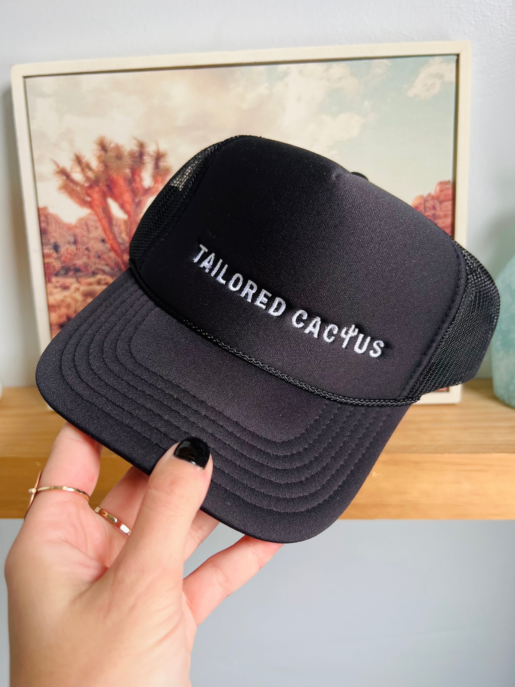 Black tailored cactus trucker hat 