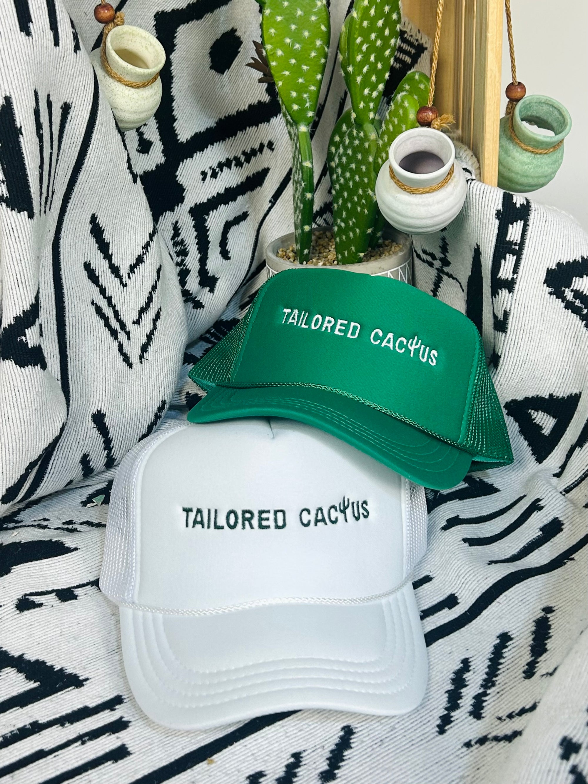 Tailored cactus green and white trucker hats 