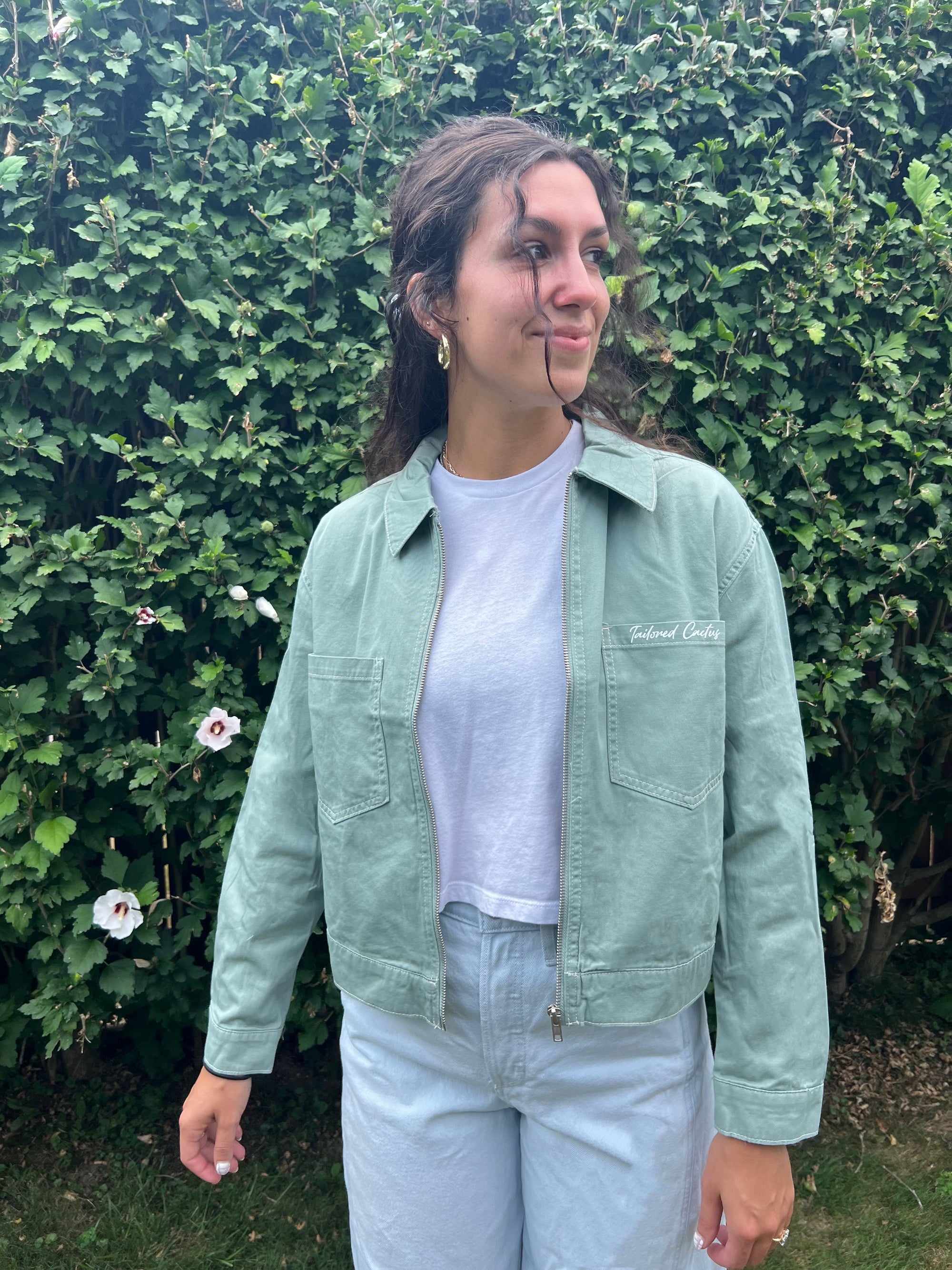 Tailored cactus girl in green cargo jacket 