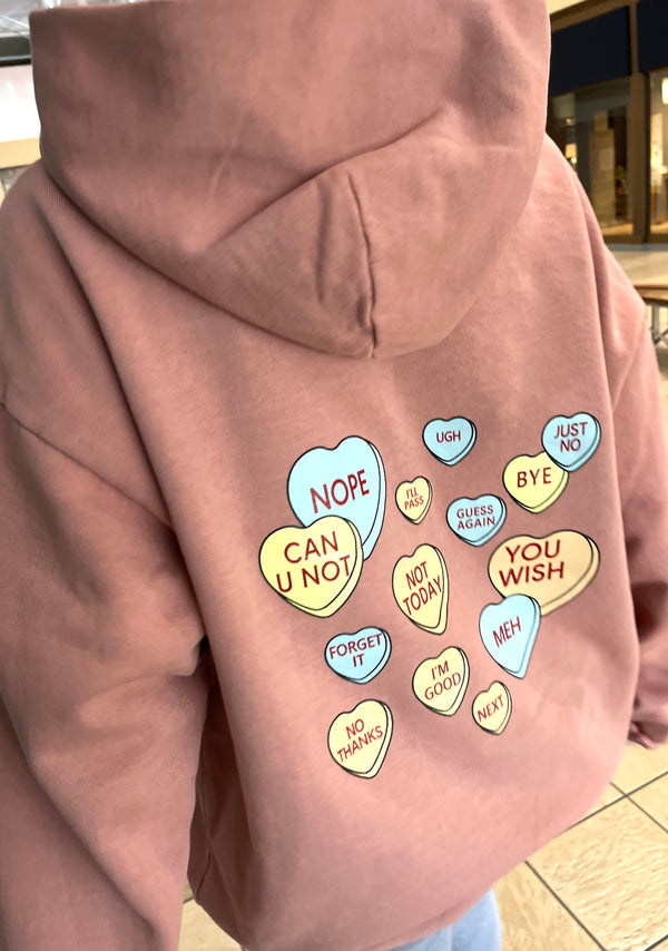 Tailored Cactus Valentine’s Day pink hoodie with candy heart design on back 